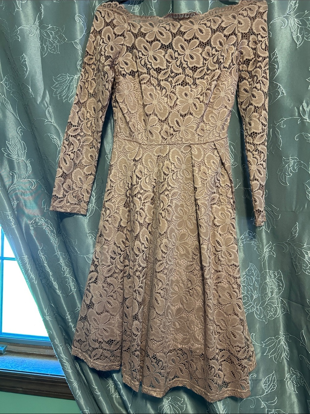 Long-Sleeve Floral Lace A-Line Dress in Dusty Blush